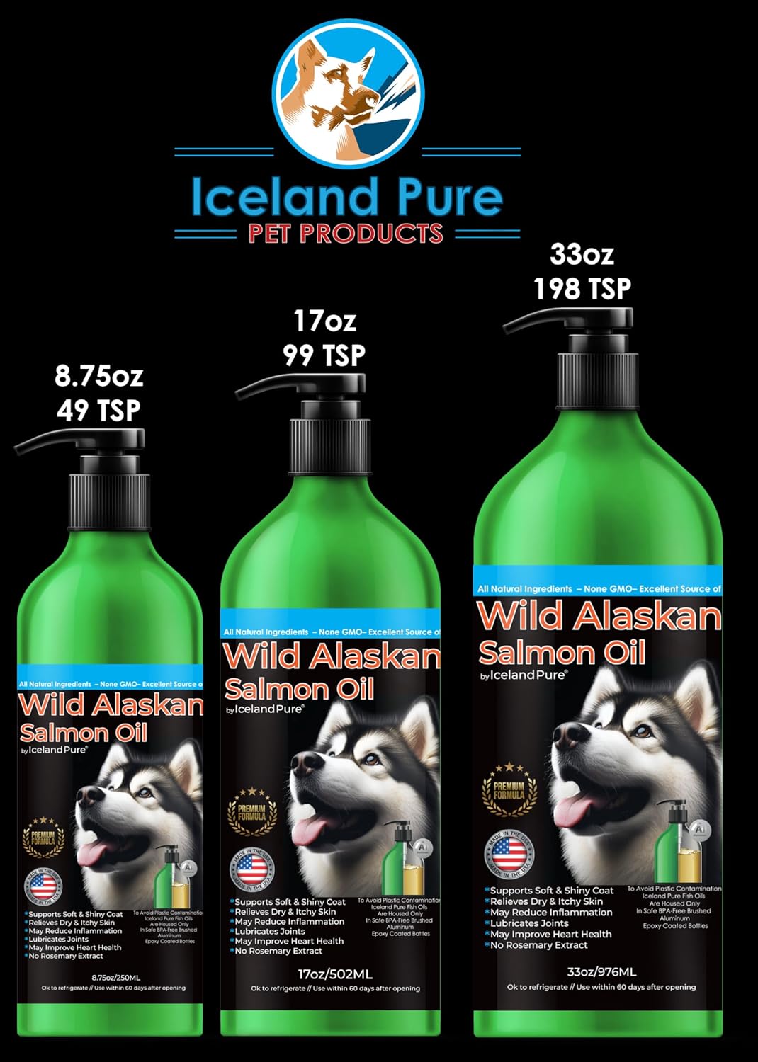 Iceland Pure Wild Alaskan Salmon Oil for Dogs and Cats – Omega-3 Supplement with Pollock Oil, 17 fl oz (500 mL)