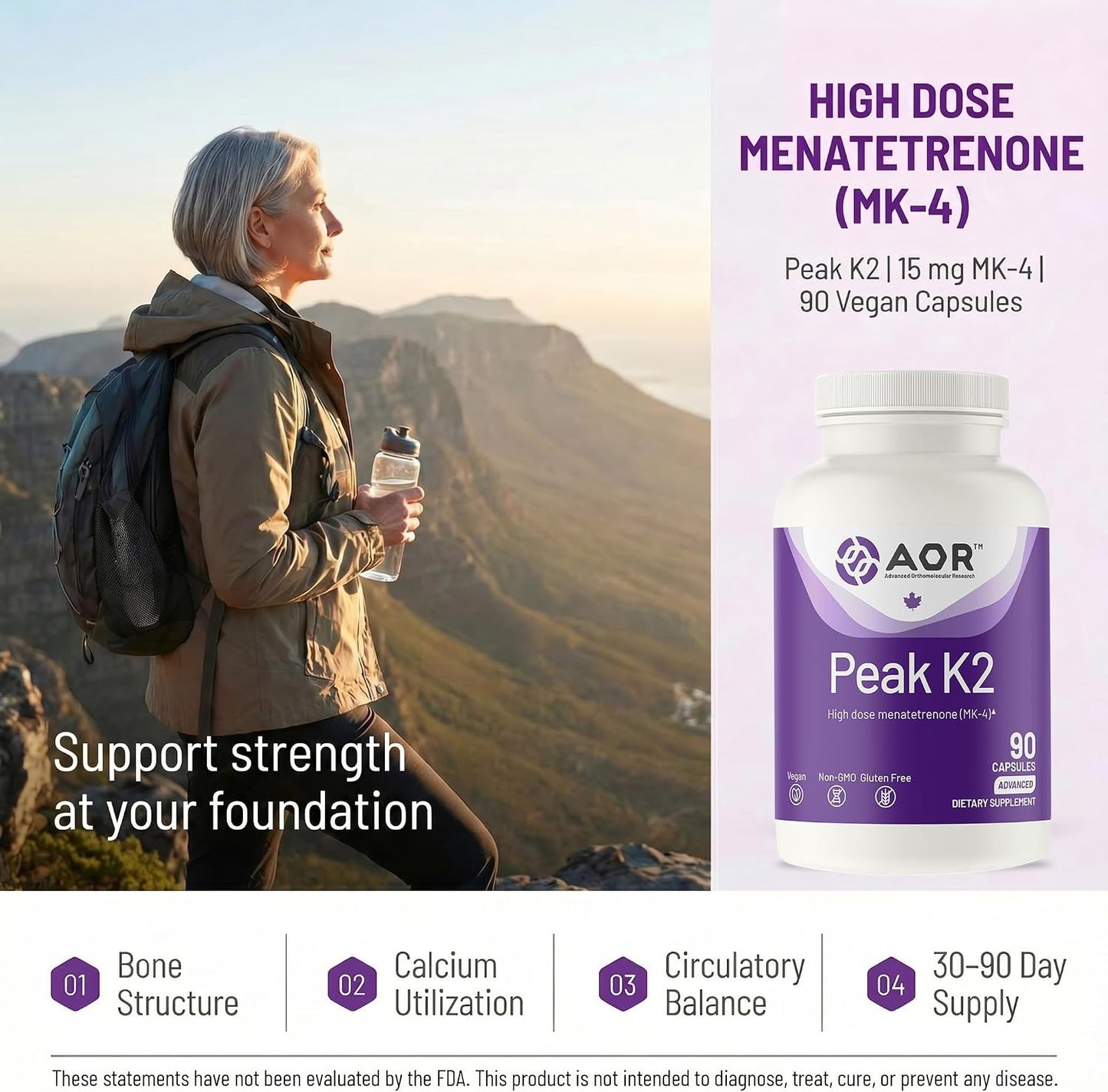 AOR Peak K2 Vitamin K2 MK-4, 90 Vegan Capsules – Essential for Bone Structure - görsel 2