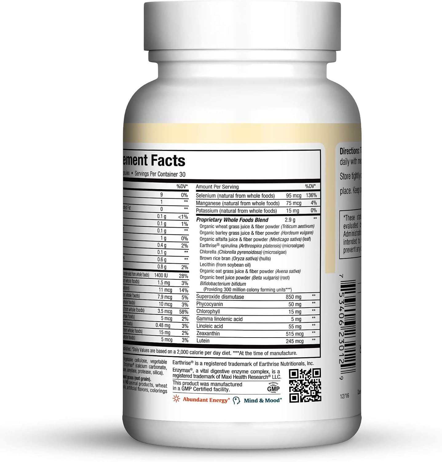 Maxi Health Super Greens - Whole Food Blend for Energy and Immune Support - 120 Kosher Capsules