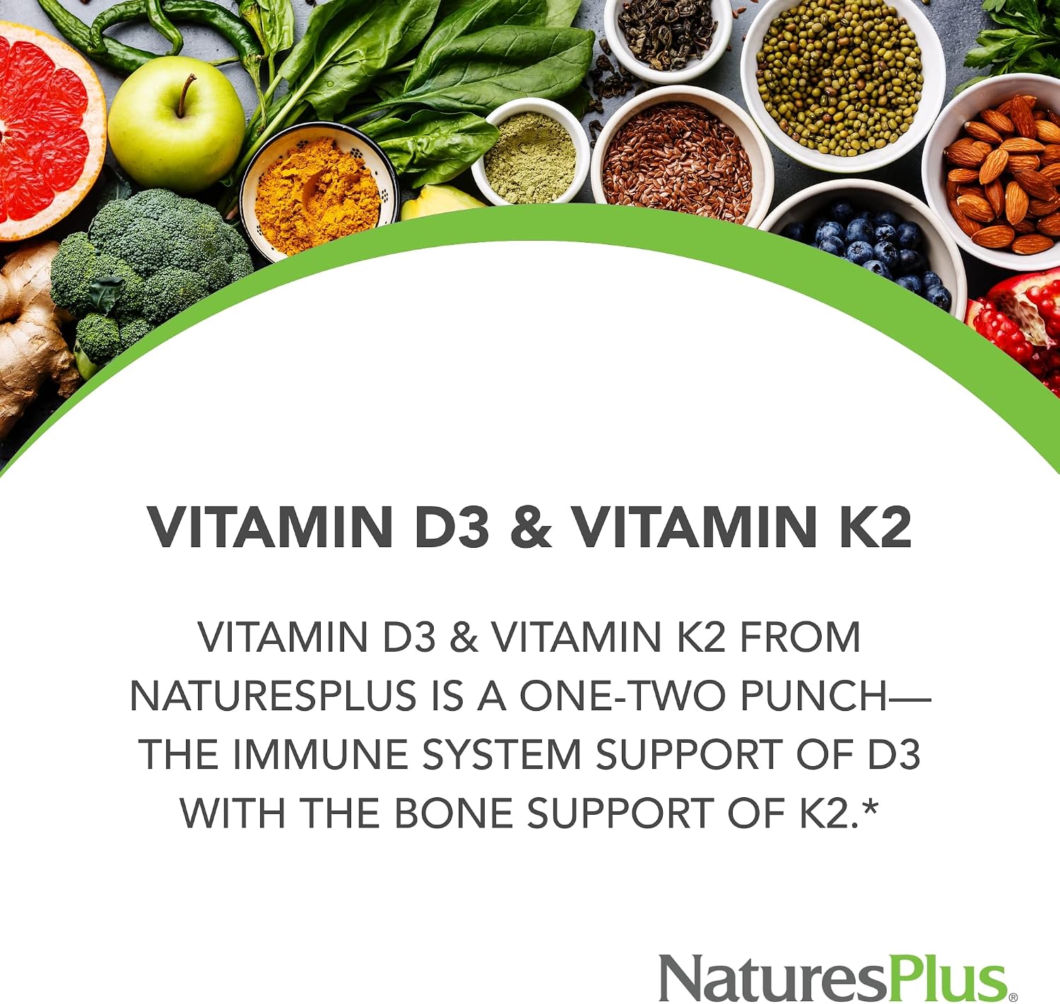 NaturesPlus Vitamins D3 (1000 IU) & K2 (100 mcg) - Vegetarian, Gluten Free - 90 Capsules