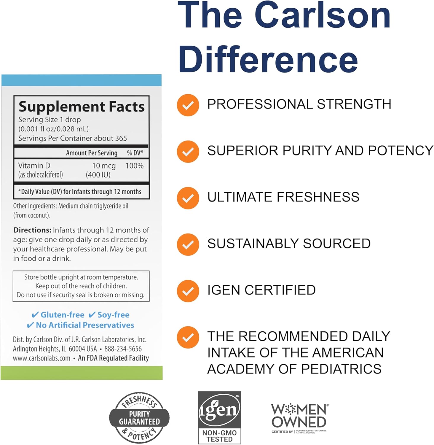 Carlson Baby's Super Daily D3 - Baby Vitamin D Drops, 400 IU (10 mcg) per Drop, 1-Year Supply, Unflavoured, 365 Drops