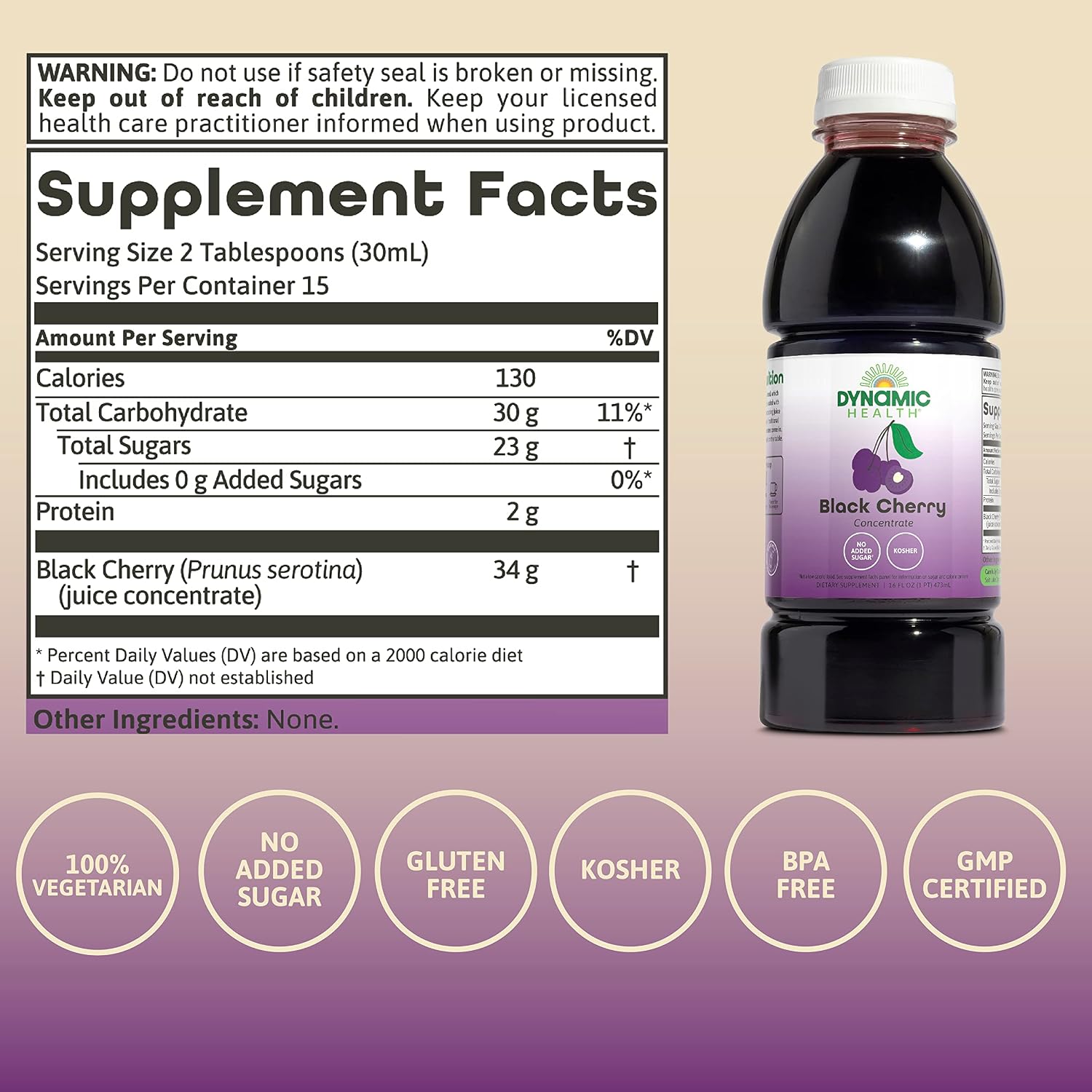 Dynamic Health 100% Pure Black Cherry Juice Concentrate – Antioxidant & Joint Support, 16 fl oz (473 mL)