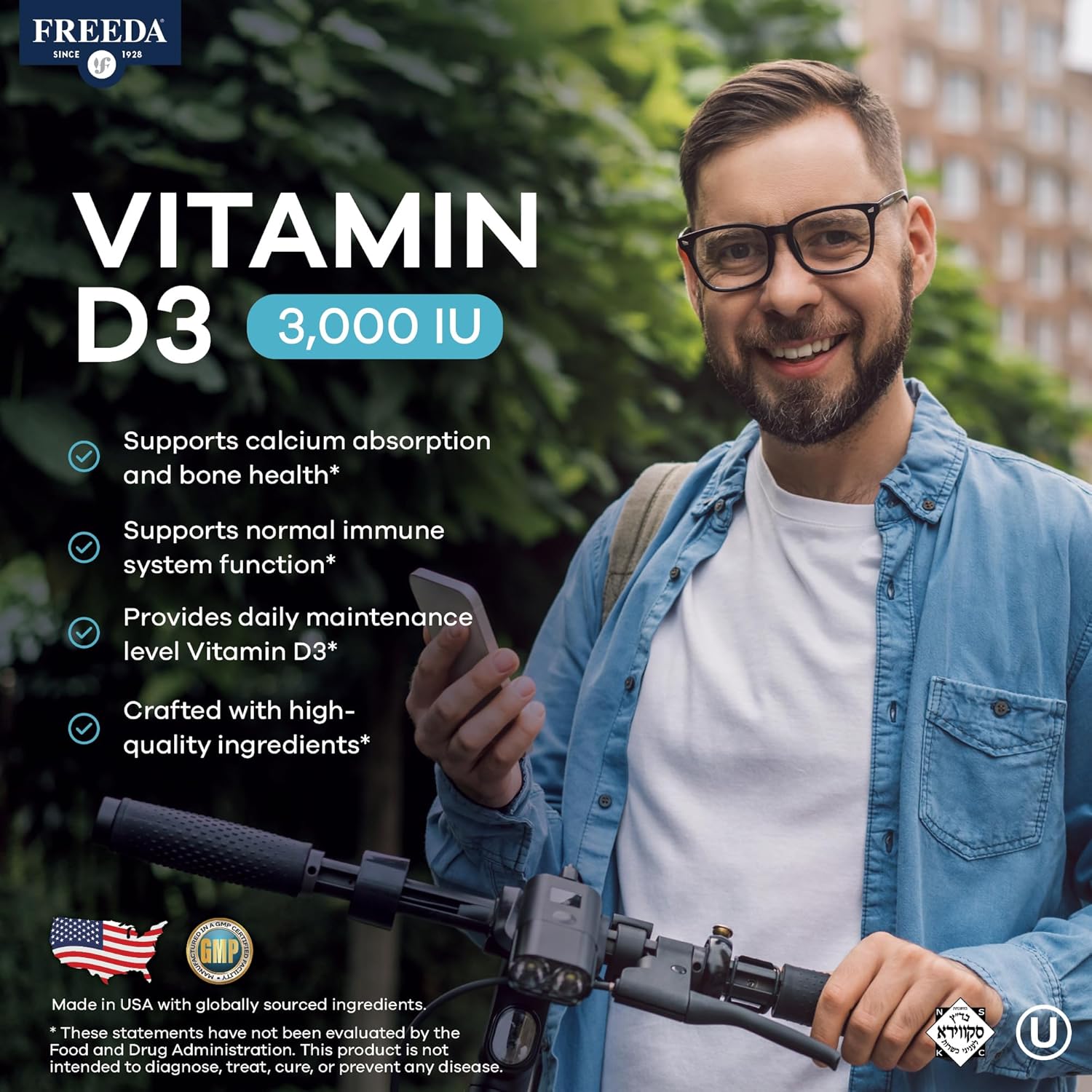 FREEDA Pure Vitamin D3 3000 IU – Daily Strength – Supports Bone, Muscle & Immune Health – 75 mcg (3,000 IU) Easy-to-Swallow Tiny Tablets (250 Count)