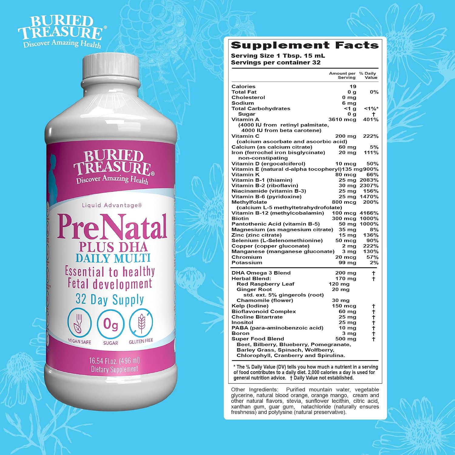 Buried Treasure Prenatal Plus DHA Complete - Liquid Prenatal Vitamin with DHA, Omega-3 and Iron