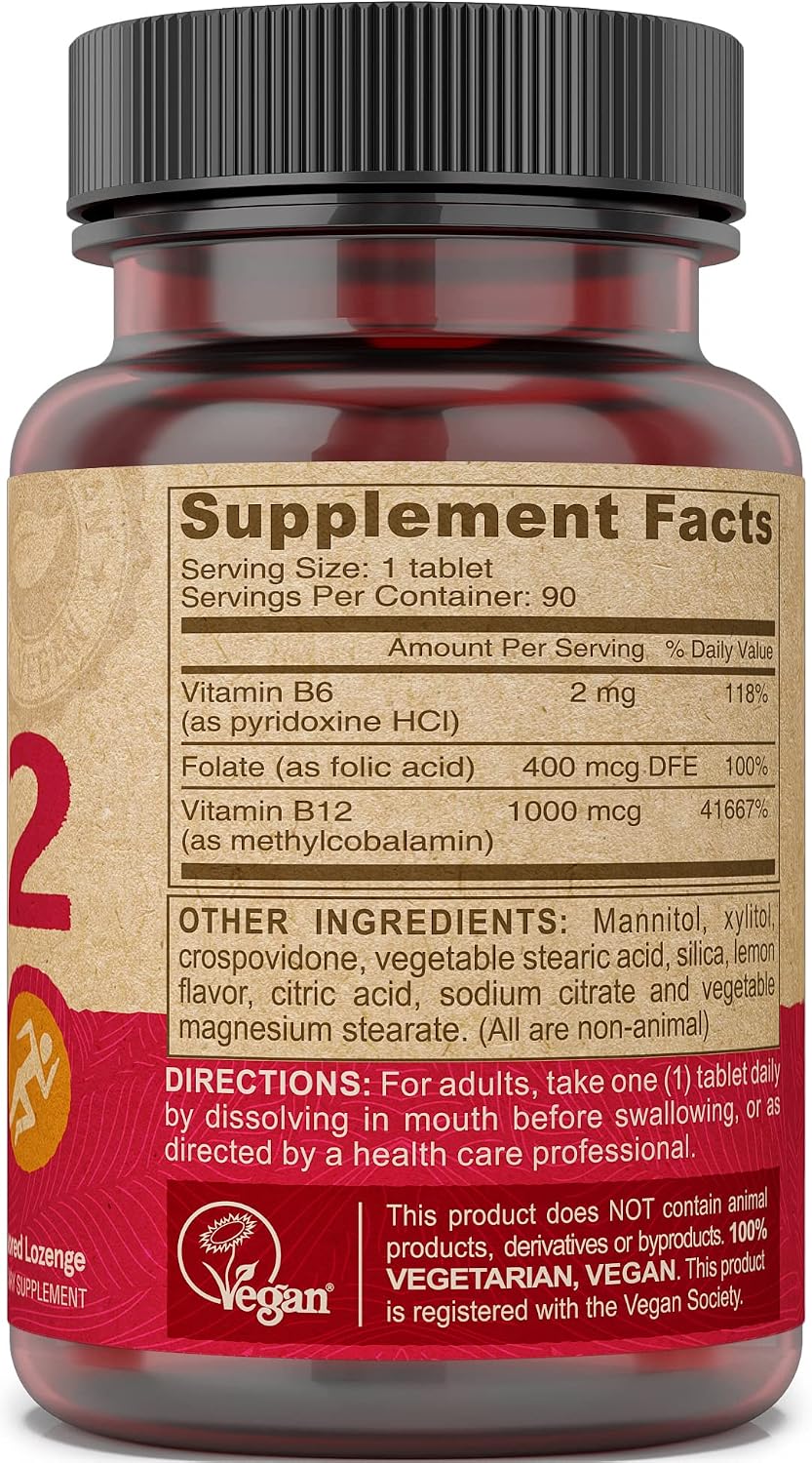 DEVA Vegan Vitamin B12 Fast Dissolve Supplement - Once-Per-Day Complex with 1000 mcg Methylcobalamin B12, Folic Acid, B6 - Lemon Flavour - 90 Dissolvable Tablets, 2-Pack