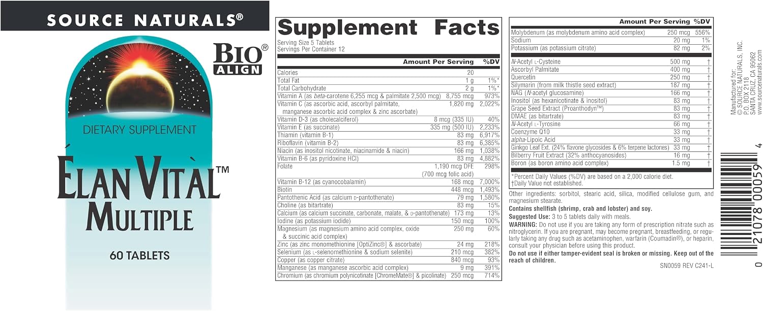 Source Naturals Elan Vital Multiple Vitamin – Comprehensive Multi-Nutrient Formula for Whole-Body Support – 60 Tablets
