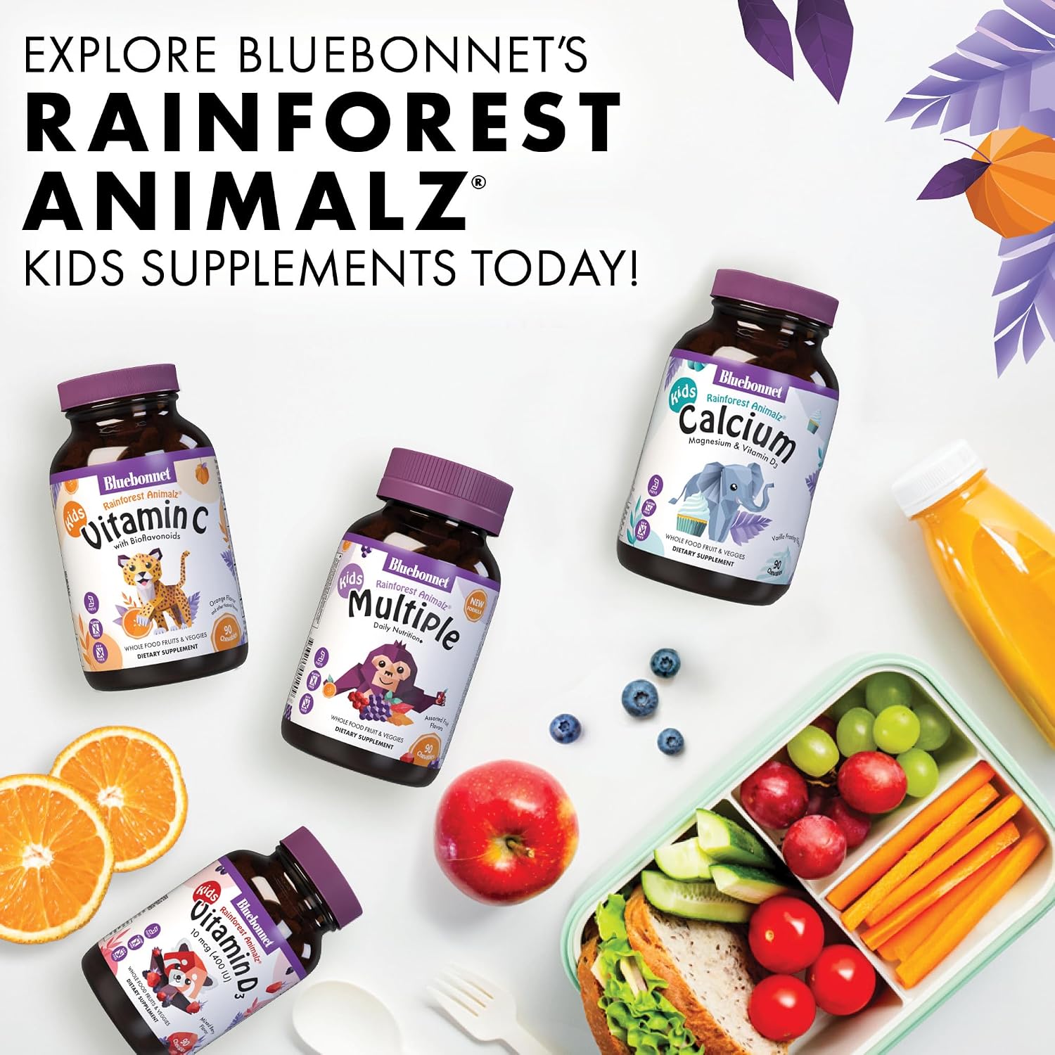 Bluebonnet Nutrition Rainforest Animalz Vitamin C Animal Shape Chewable Tablets, 250mg, Orange Flavour, 90 Count