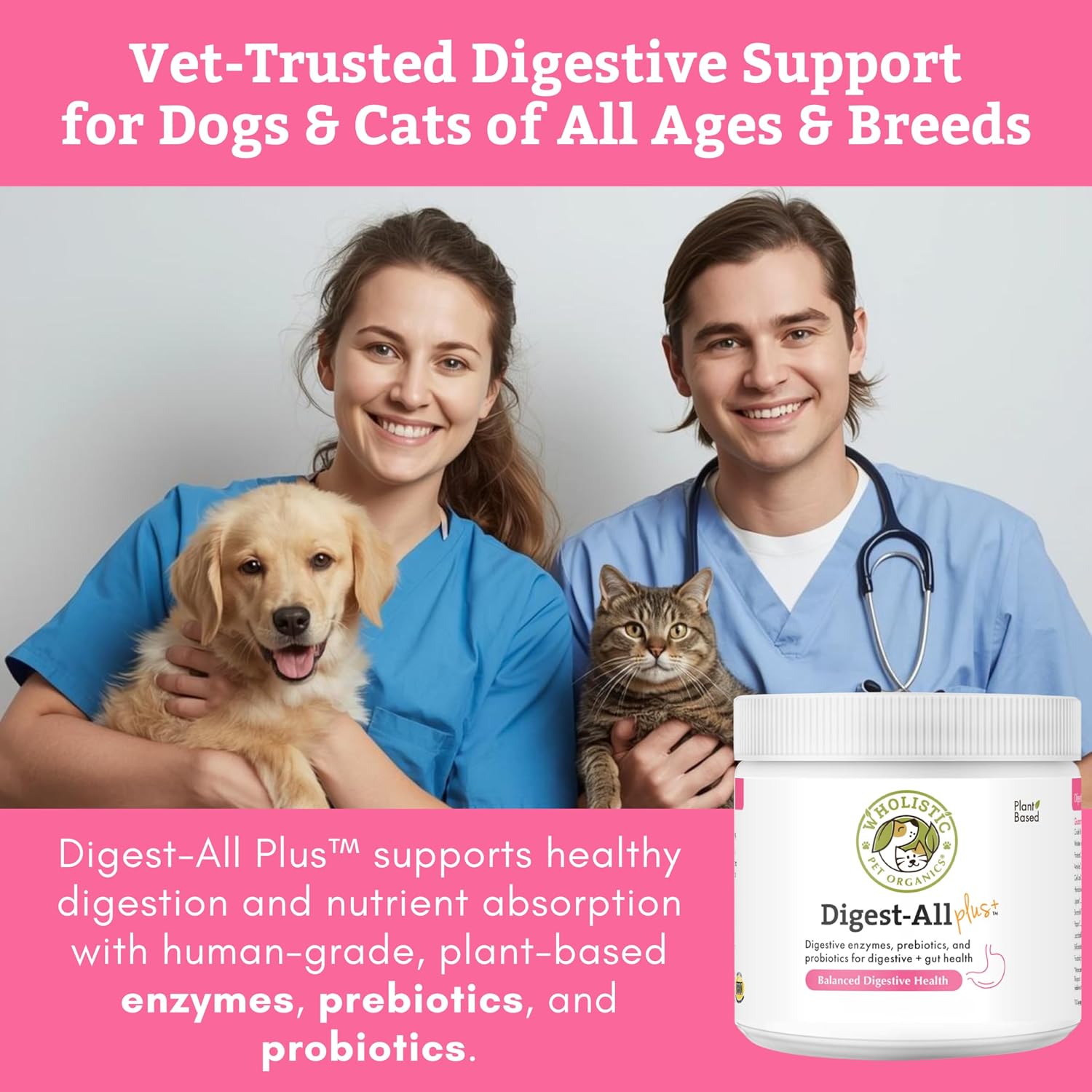 Wholistic Pet Organics Daily Probiotic for Dogs & Cats - Digestive Enzymes & Prebiotic Fiber - 227 g Powder