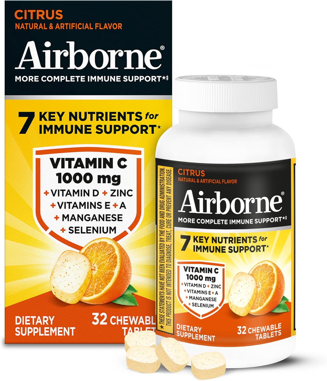 Airborne Vitamin C 1000mg (per Serving) Citrus Chewable Tablets, 32 Count - görsel 1