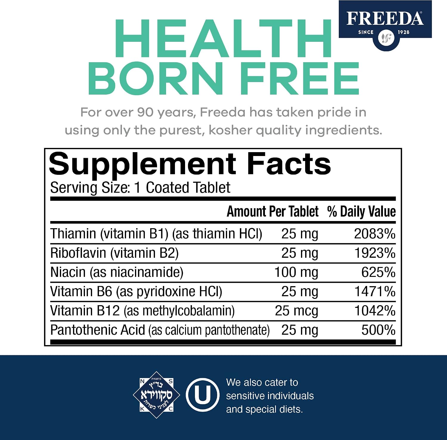Freeda Vitamin B Complex No Folic No PABA - Super B Complex Supplement for Women & Men (250 Tablets)
