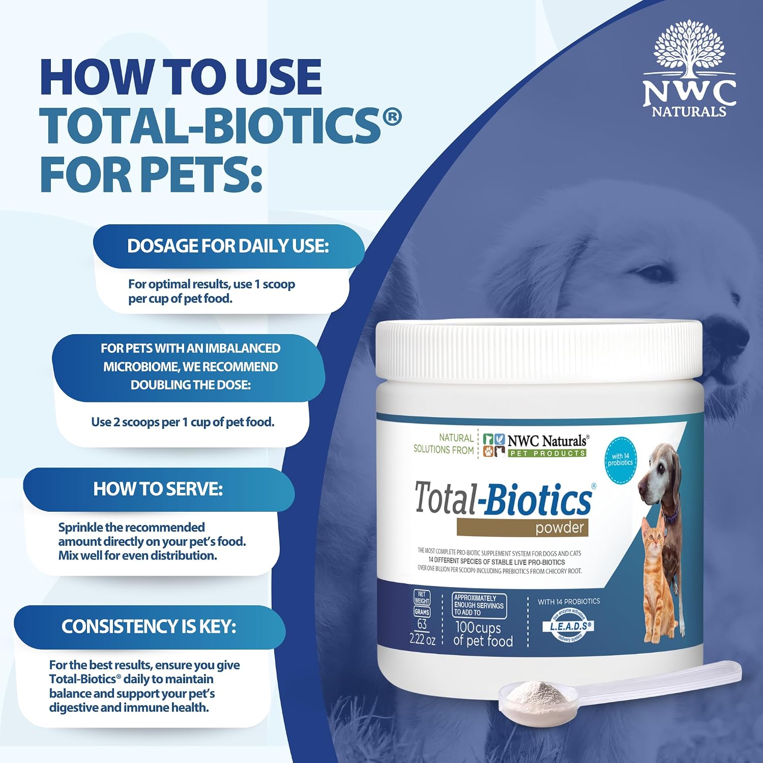 NWC Naturals Total-Biotics Probiotic for Dogs & Cats - Digestive Health Powder, Unflavoured, 100 Servings