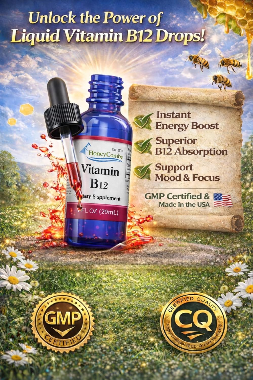 HoneyCombs Liquid Vitamin B12 Drops - Sublingual Cyanocobalamin Natural Health Product