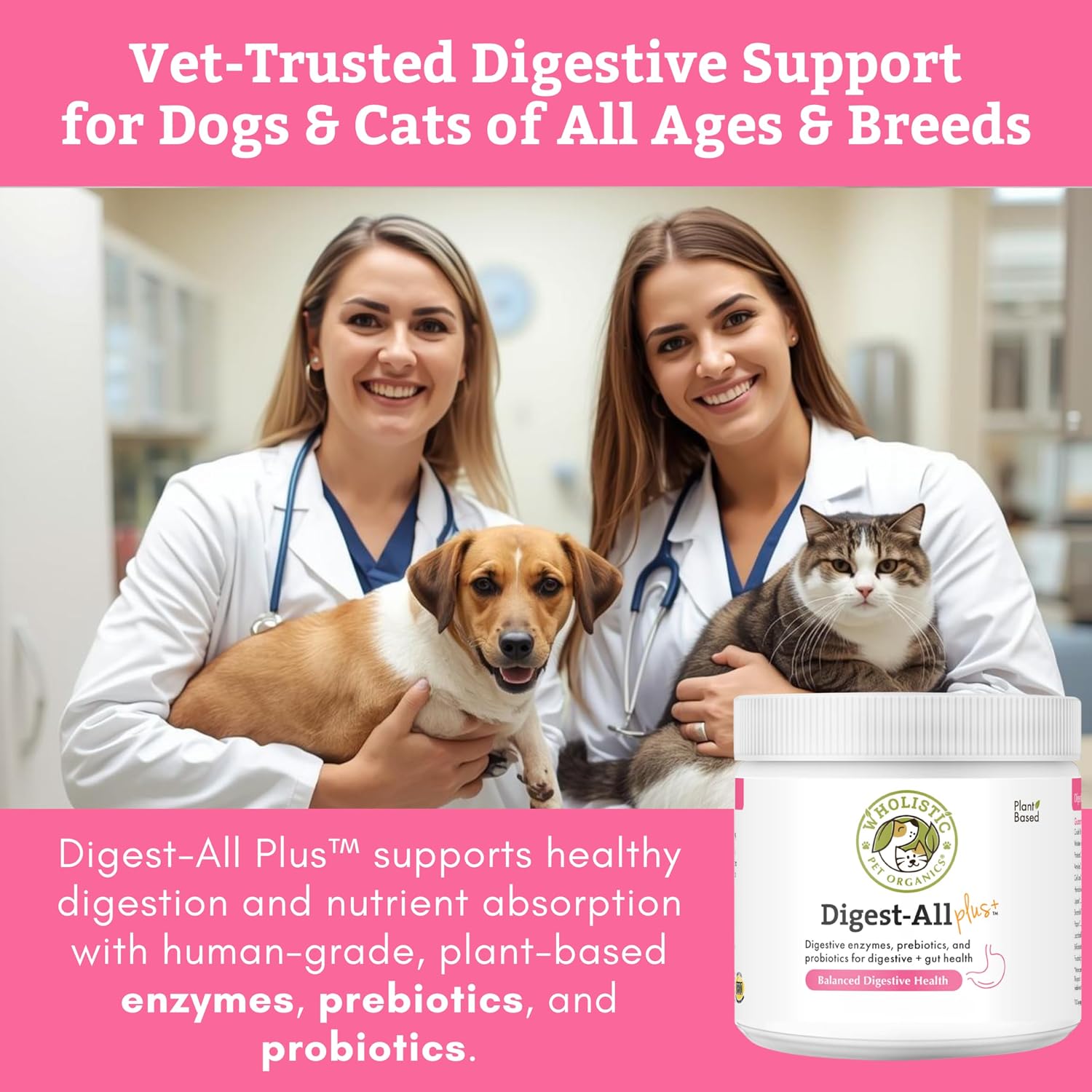 Wholistic Pet Organics Daily Probiotics for Dogs & Cats – Digestive Health Support with Prebiotics & Enzymes – 113 g Powder