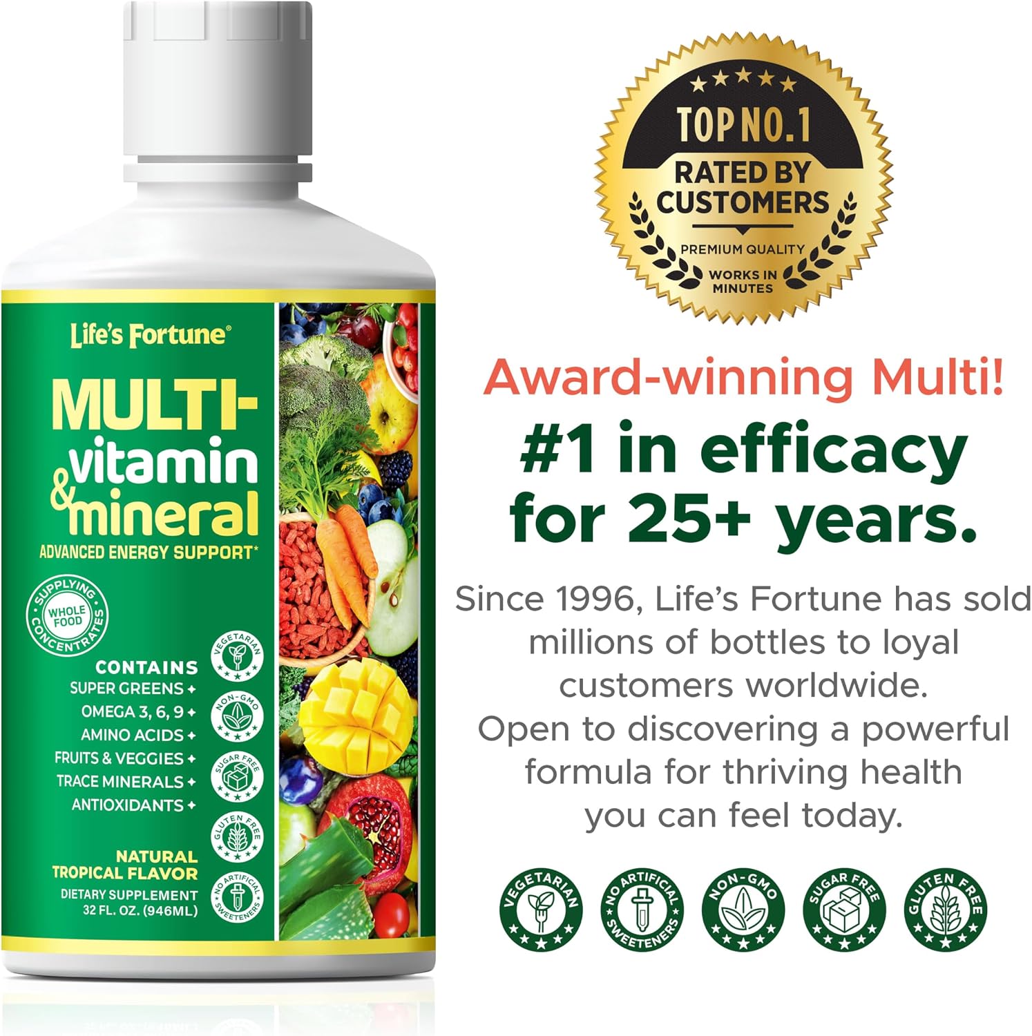 Life’s Fortune Liquid Multivitamin for Adults and Seniors - Fast Absorption, 90+ Nutrients, Tropical Flavour, 1 L