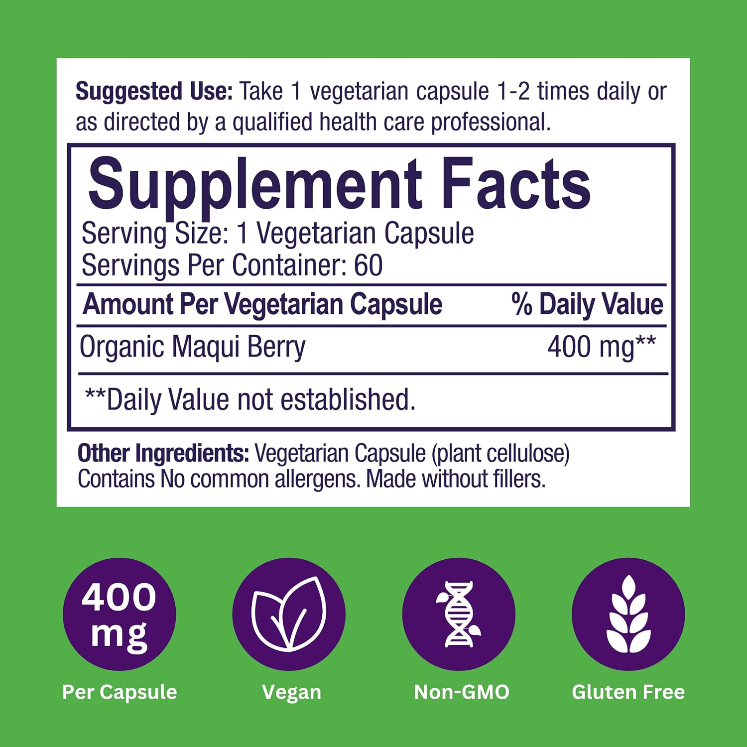 Paradise Herbs, Organic Maqui Berry Extract, 400 mg, Fresh Freeze-Dried Concentrate for Superior Potency, Non-GMO, Vegan, 60 Capsules