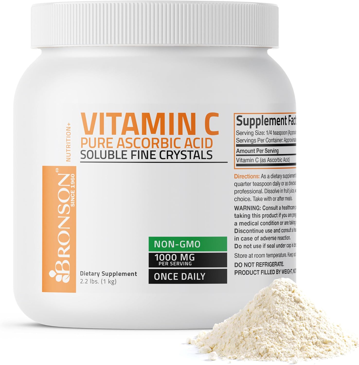 Bronson Vitamin C Powder – Pure Ascorbic Acid, Non-GMO Crystals – 1 kg (2.2 lbs)