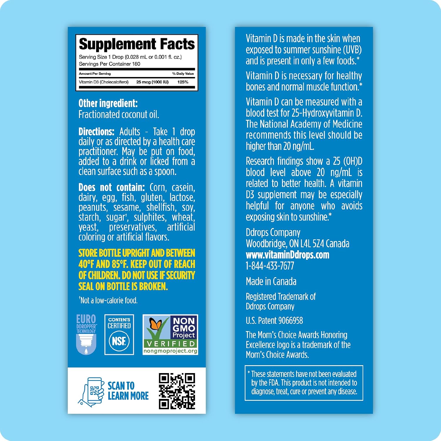 Ddrops Vitamin D3 1000 IU - 180 Drops, Liquid Supplement for Immune Support & Bone Health (Canada)