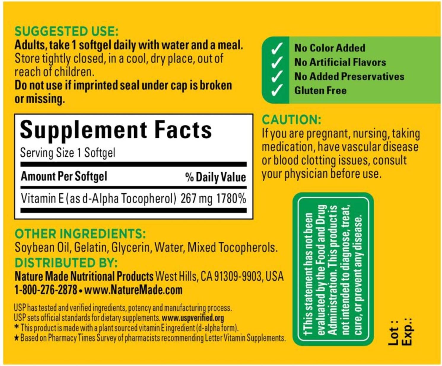 Nature Made Plant Sourced Vitamin E 267 mg (400 IU) d-Alpha Softgels, 100 Count (Pack of 3)