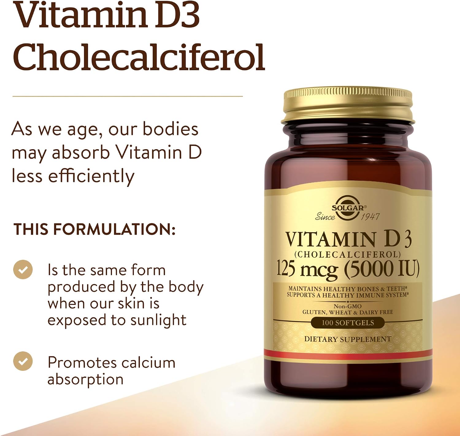 Solgar Vitamin D3 5000 IU (125 mcg) Softgels, 100 Count