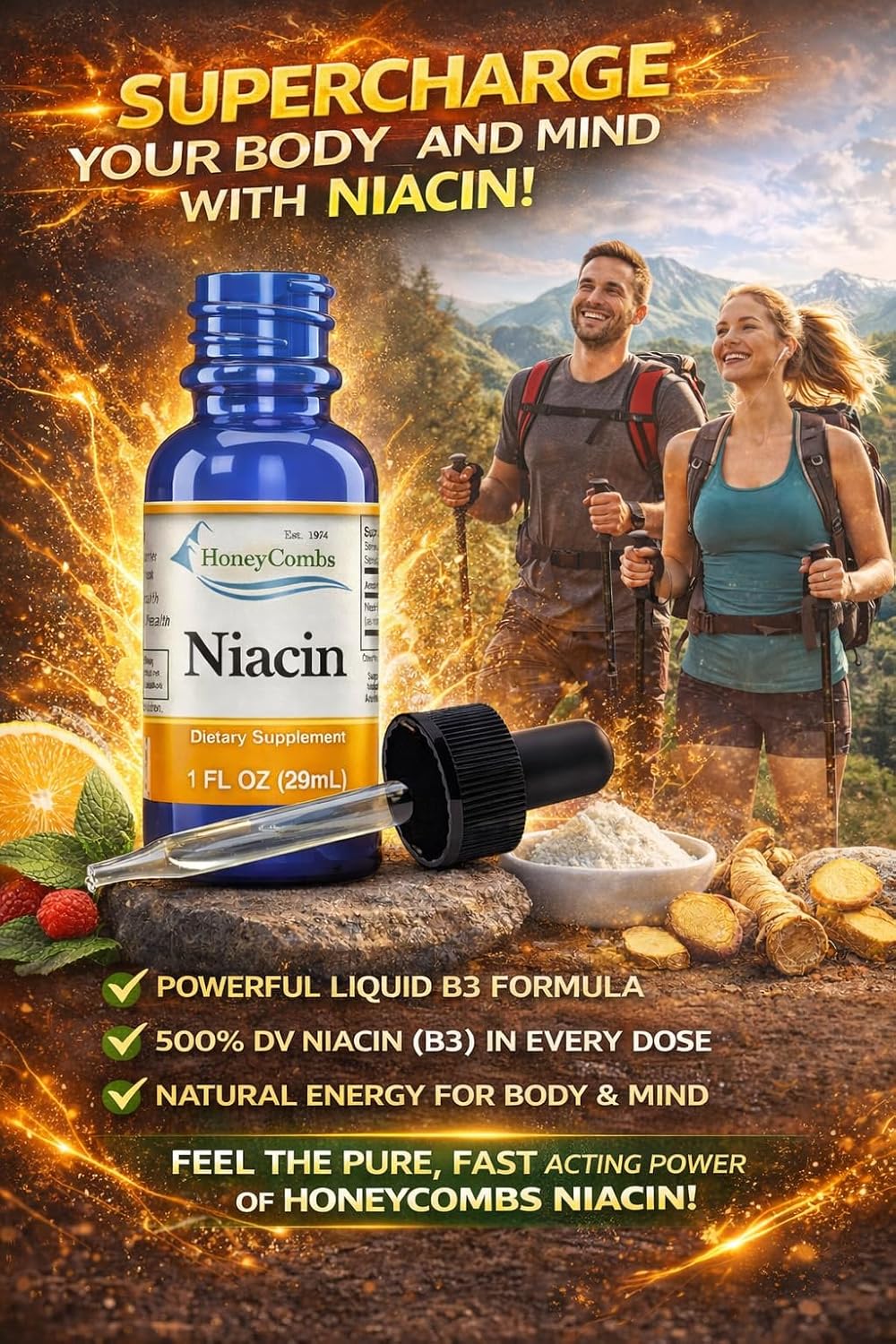 HoneyCombs Vitamin B3 Liquid Niacin Drops | Non-Flushing Niacinamide | 30 mL