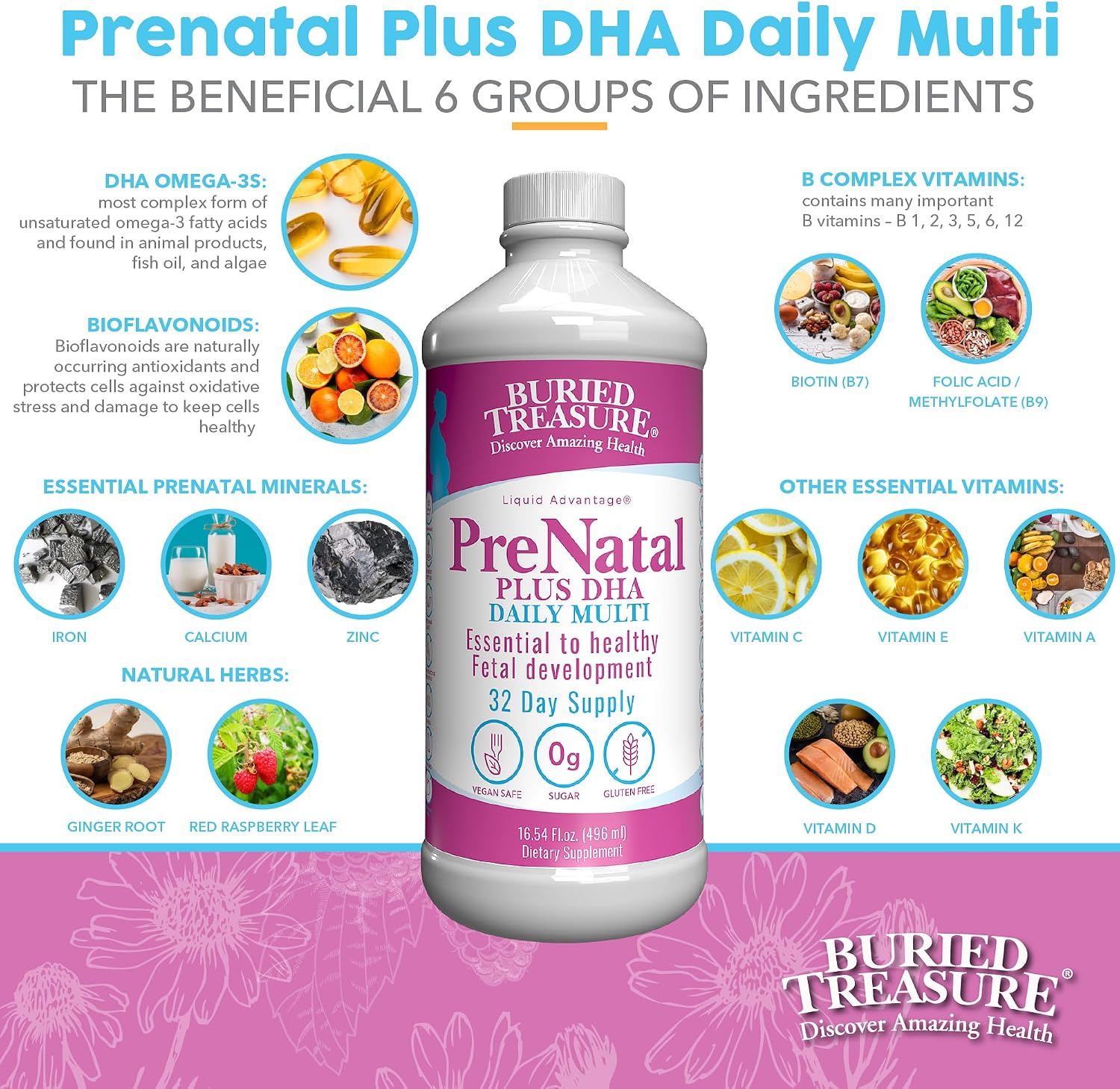 Buried Treasure Prenatal Plus DHA Complete - Liquid Prenatal Vitamin with DHA, Omega-3 and Iron