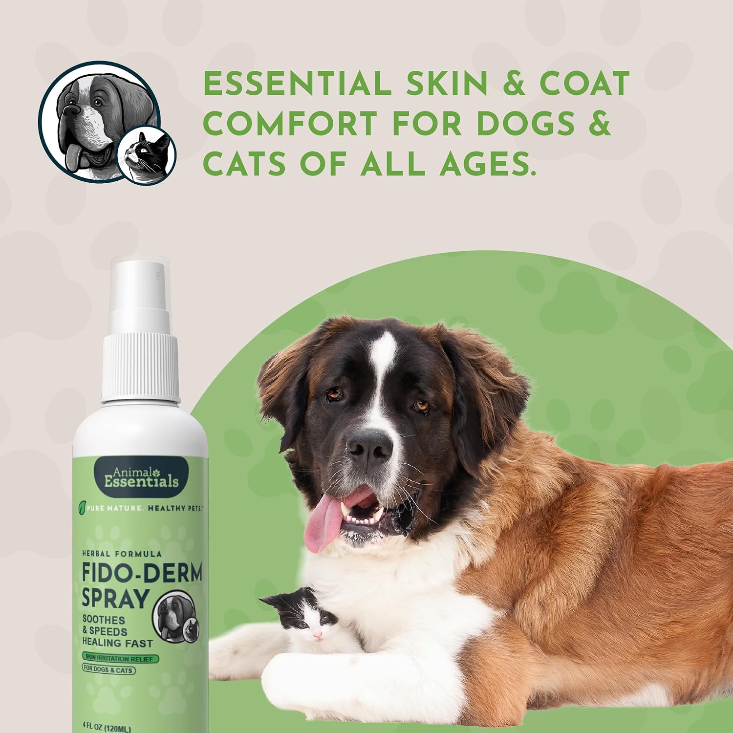 Animal Essentials Fido-Derm Herbal Skin Spray for Dogs, Cats & Horses – Natural Itch Relief & Hot Spot Care, 118 mL