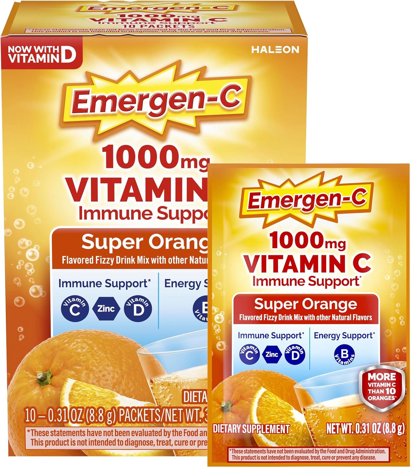 Emergen-C 1000mg Vitamin C Immune Health Powder Super Orange 10 Count includes Zinc, Manganese, 7 B Vitamins and Electrolytes