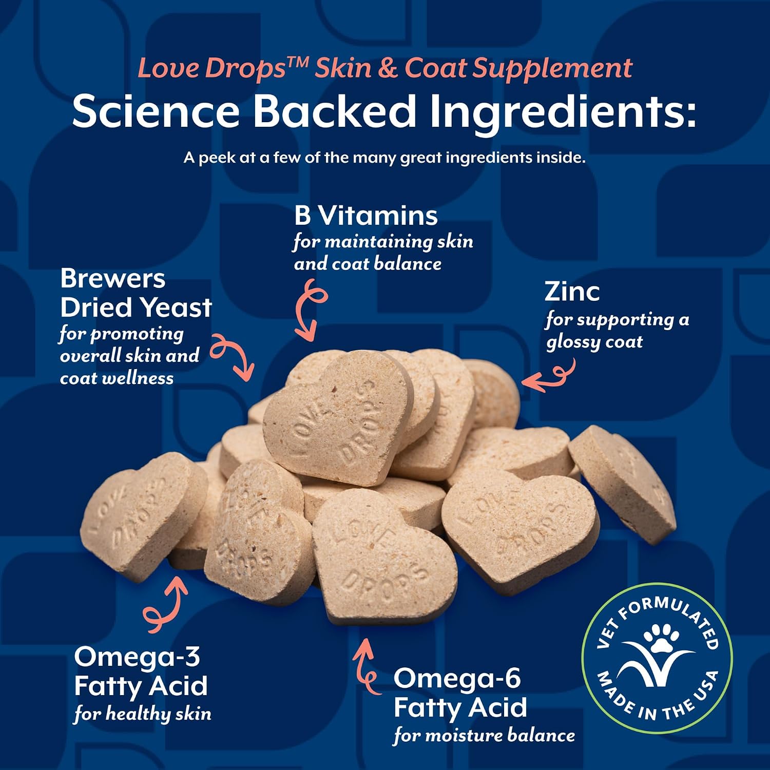 NaturVet Love Drops Plus Omegas Skin & Coat Supplement for Dogs and Cats – Peanut Butter Flavour, 200 Chewable Tablets
