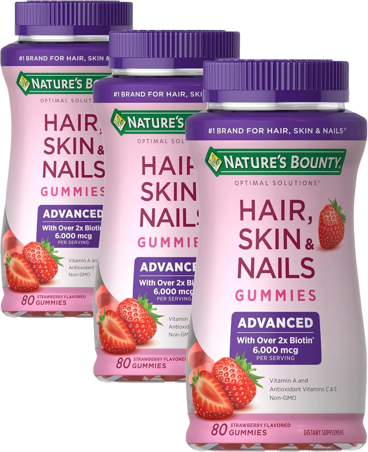 Nature's Bounty Optimal Solutions Advanced Hair, Skin and Nails, 2X Biotin, 80 Strawberry Gummies, 40 Servings