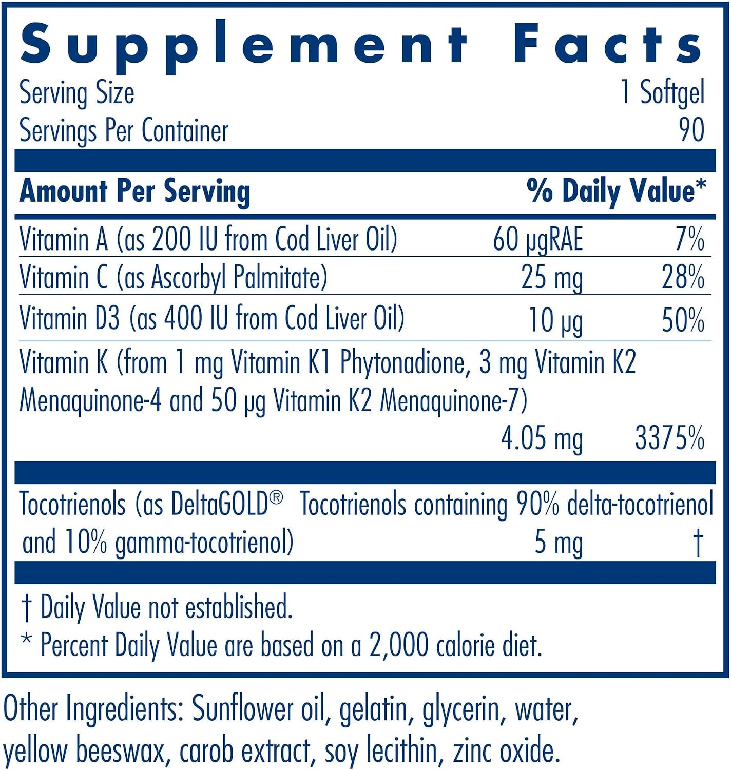 Allergy Research Group Full Spectrum Vitamin K – K1, MK-4, MK-7 plus A, C, D3, 90 Softgels