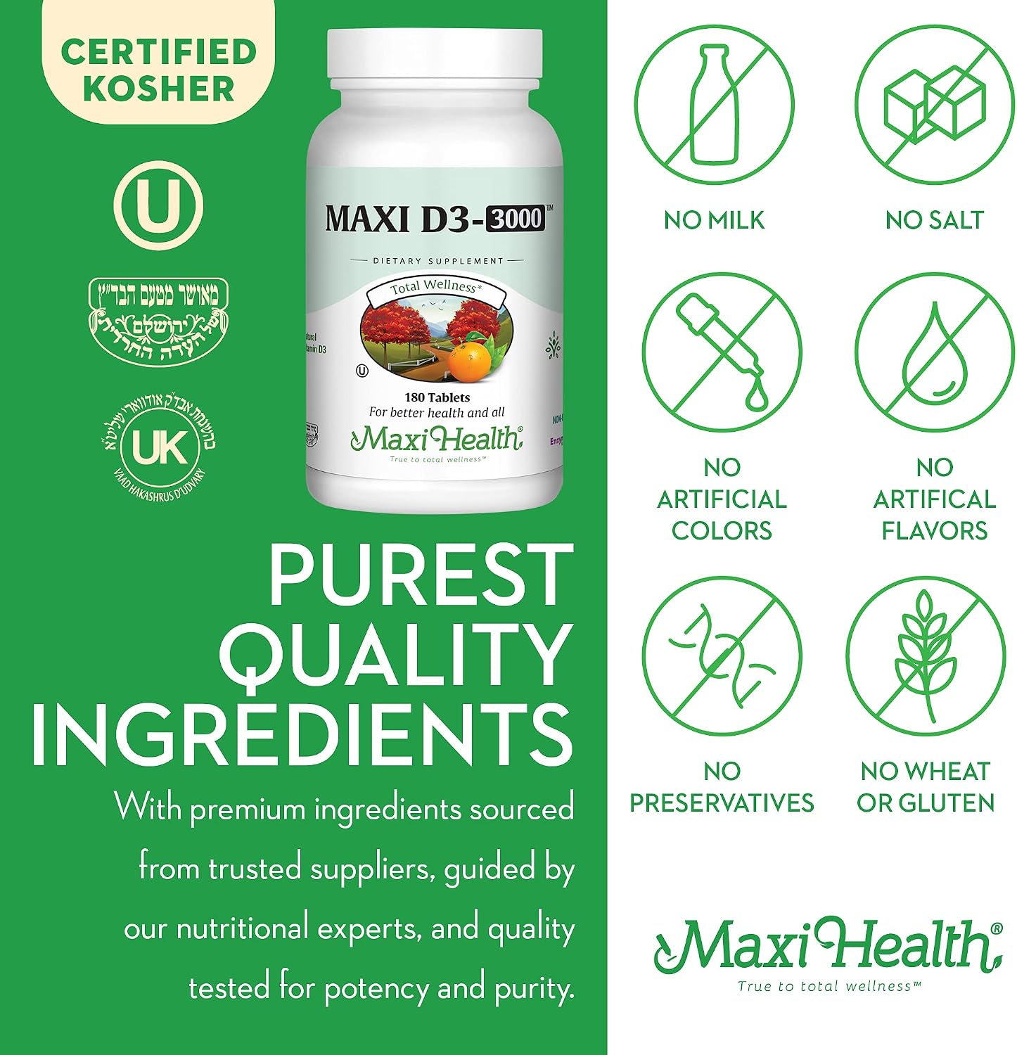 Maxi Health Vitamin D3 3000 IU (75 mcg) Supplement – Non-GMO, Kosher, 180 Tablets