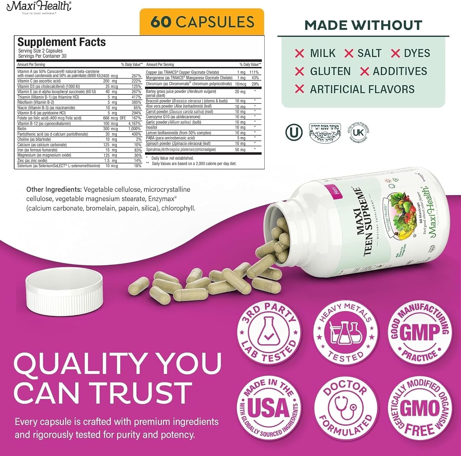 Maxi Health Teen Supreme Multivitamin for Girls 12-17 – 60 Count