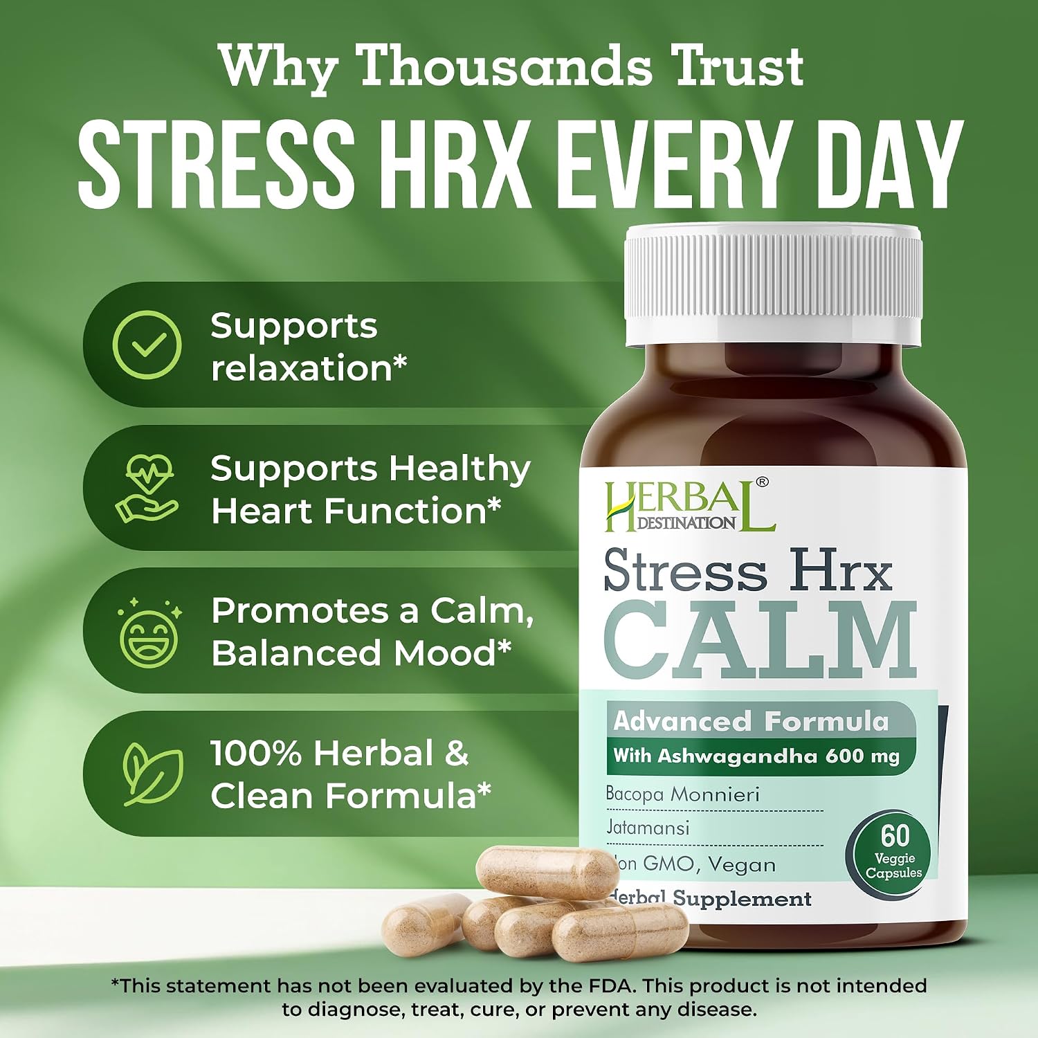 Stress Hrx, Ashwagandha Supplement Capsules, Herbal Destination Stress Support - 60 Count