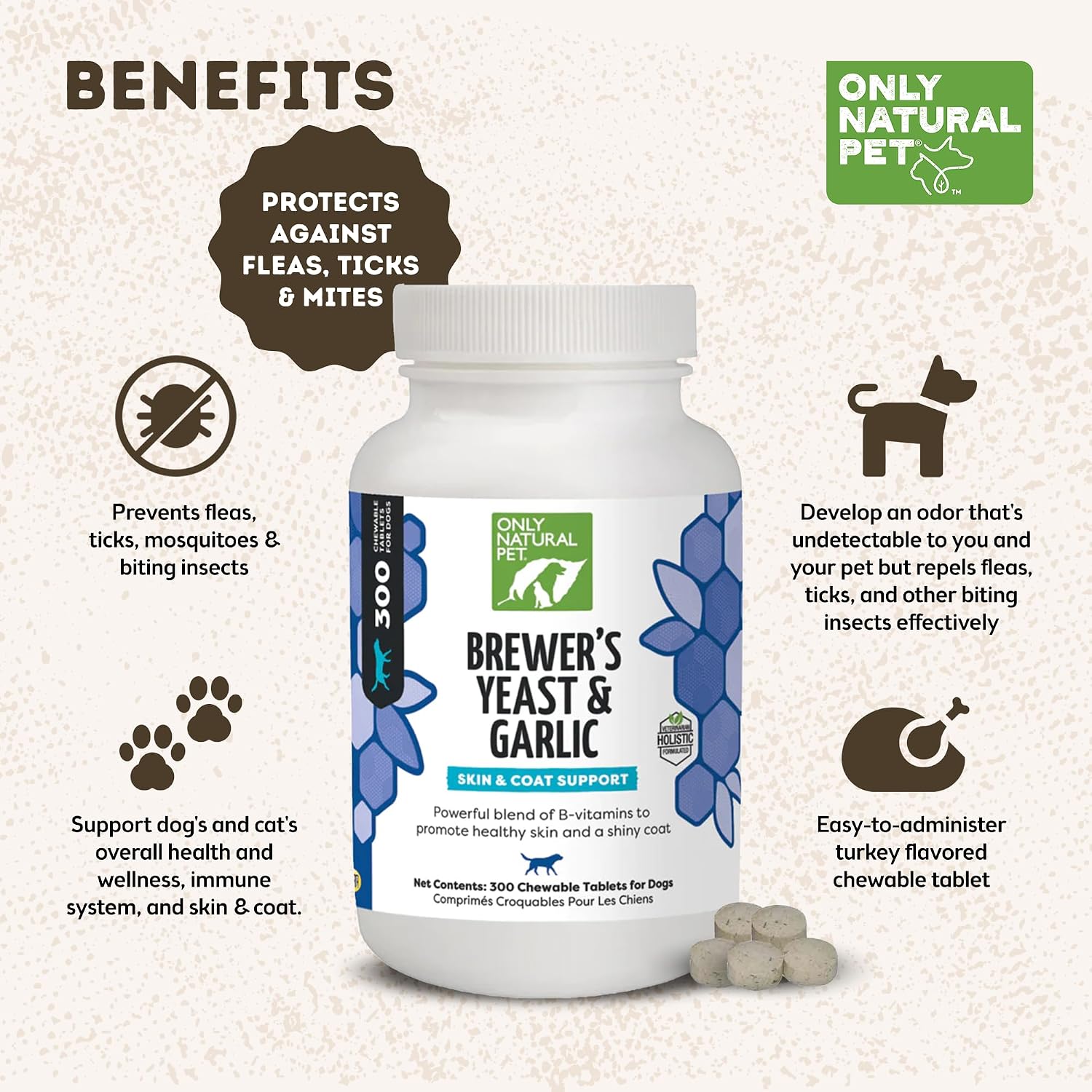 Only Natural Pet Brewer's Yeast & Garlic Chewables - All-Natural Flea & Tick Prevention for Dogs - 300 Count