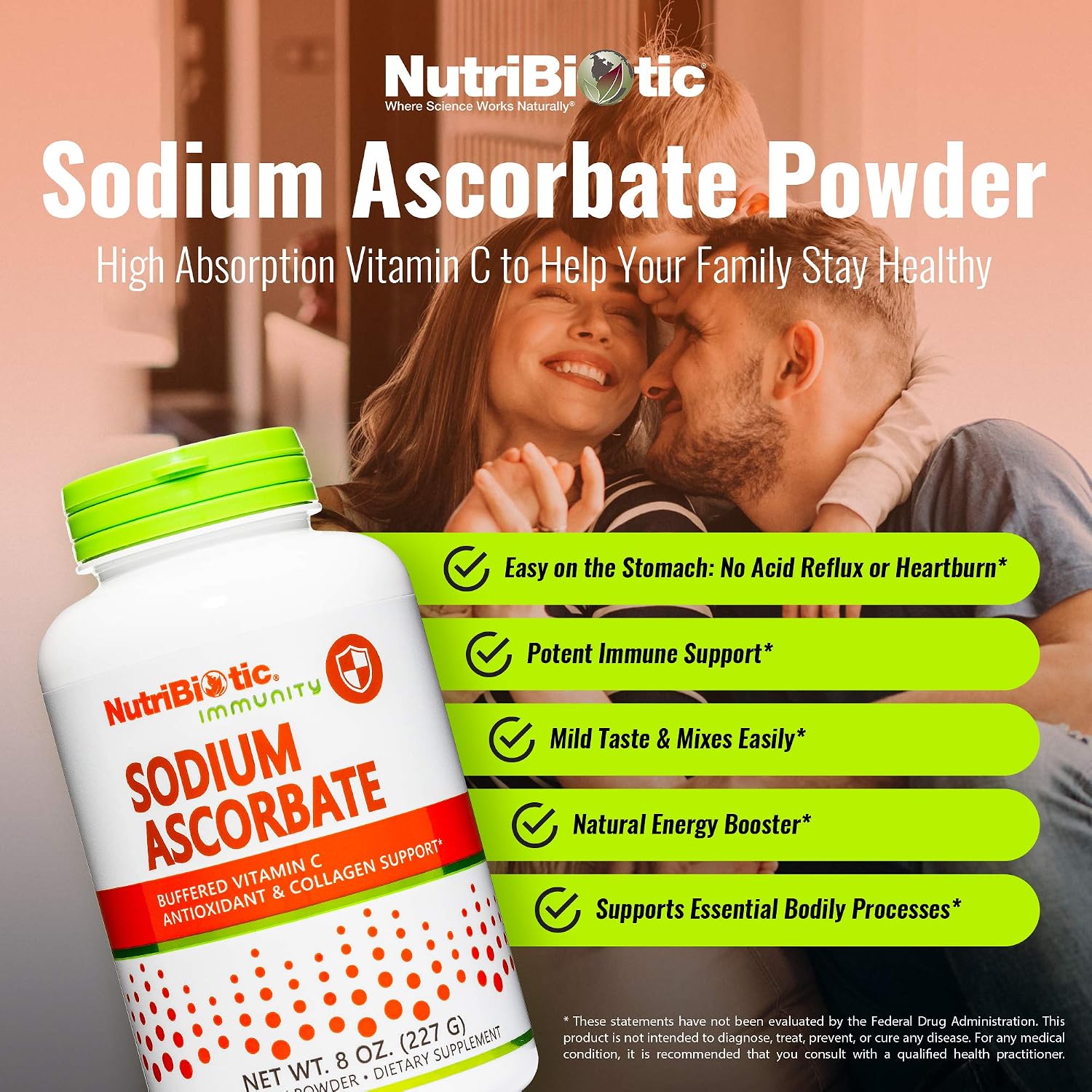 NutriBiotic Sodium Ascorbate Buffered Vitamin C Powder - Vegan, Non-GMO, Gluten Free, 8 oz (227 g)