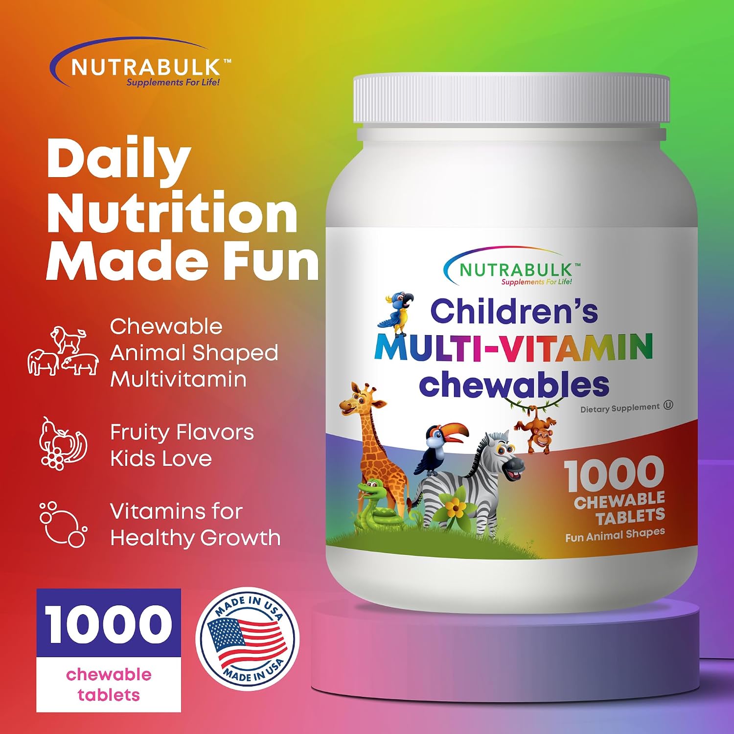 NutraBulk Kids Multivitamin – Chewable Animal Shapes & Fruity Flavors, No Artificial Colours, 1000 Tablets