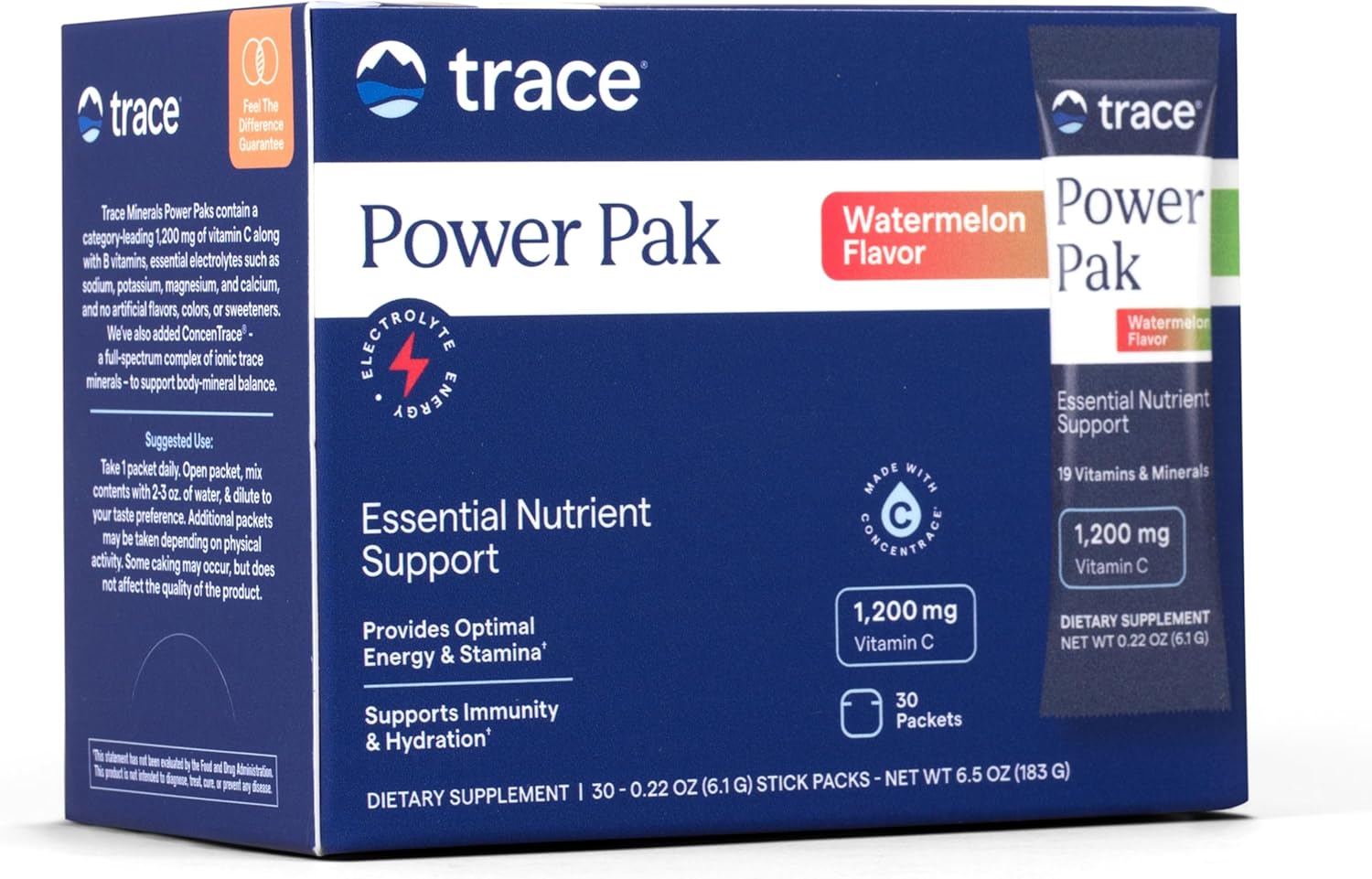 Trace Minerals Power Pak Multivitamin and Electrolyte Packets - 1200 mg Vitamin C with 70+ Trace Minerals - Cranberry Flavour - 30 Packets