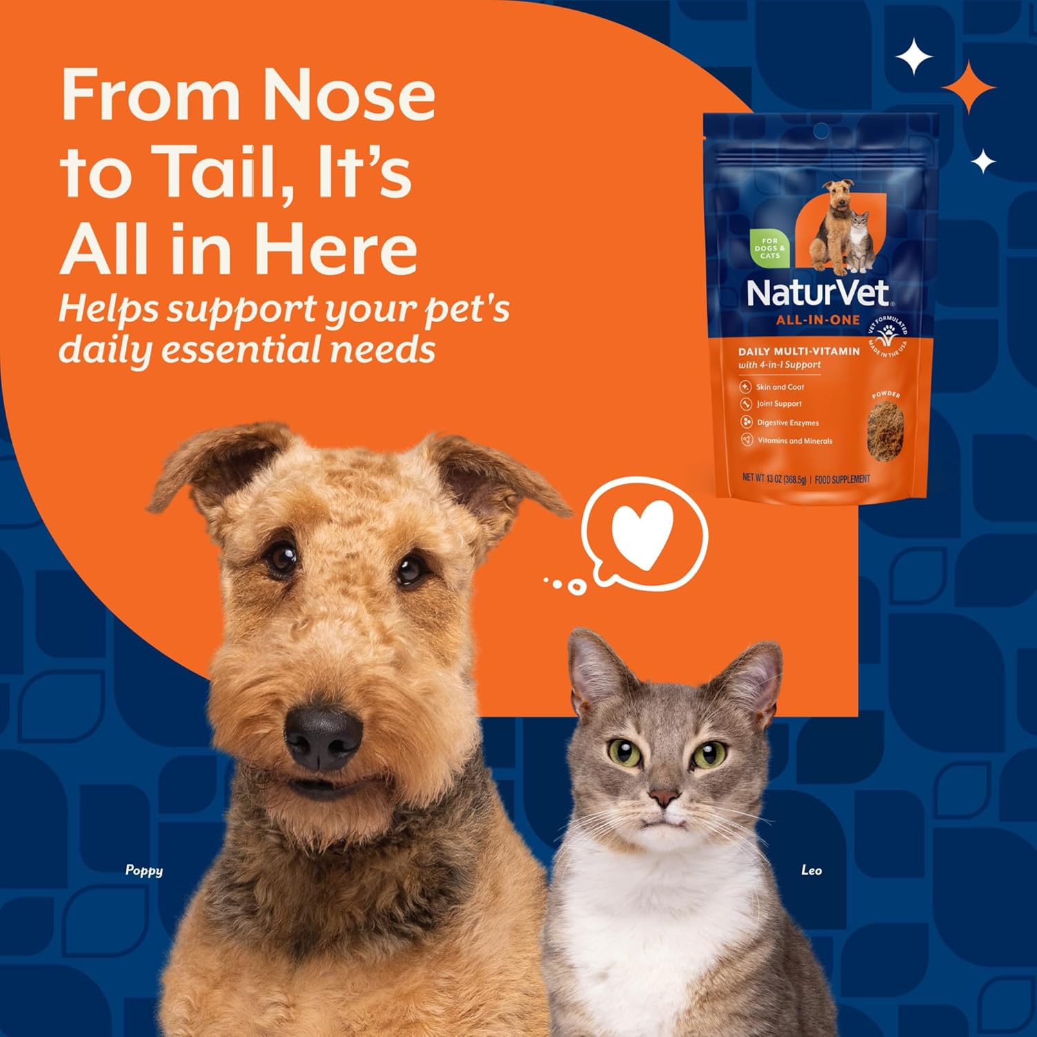 NaturVet All-in-One Dog Supplement – Joint Support, Digestion, Skin & Coat – Dog Multivitamins with Omega-3,6,9 – Wheat-Free Powder – 370 g
