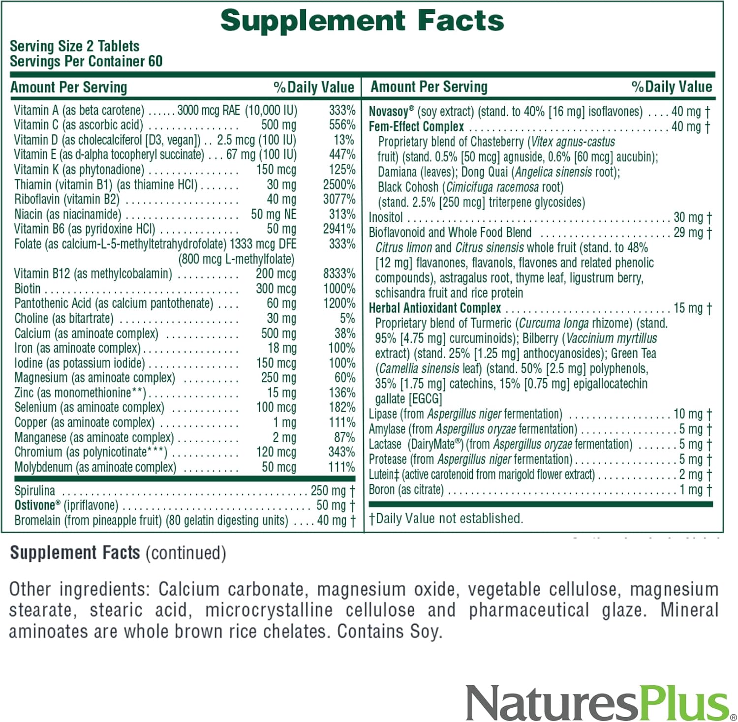 NaturesPlus Source of Life Women - 120 Tablets - Multivitamin & Mineral Supplement with Iron, Calcium, Folate & Lutein - Gluten-Free, Vegetarian