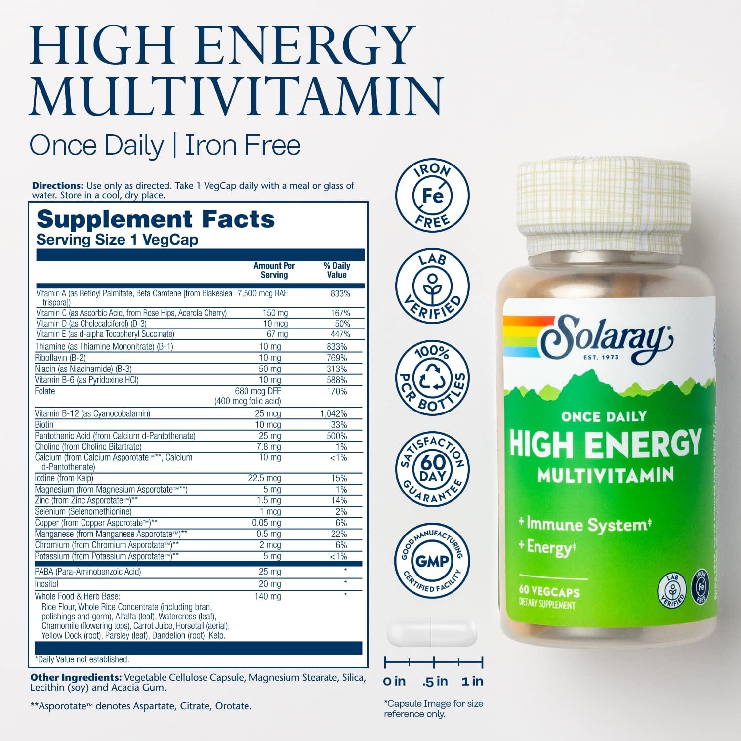 SOLARAY Once Daily High Energy Multivitamin - No Iron, Whole Food & Herb Base, 60 Vegetable Capsules