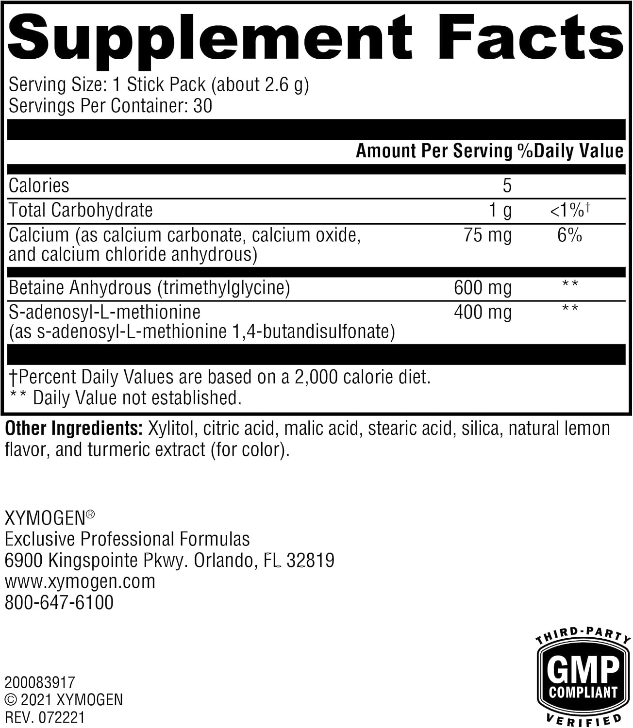 XYMOGEN SAM-e & TMG - 400 mg SAM-e & 600 mg TMG - Methylation Support - Gluten-Free, Vegan - Lemon Flavour - 30 Servings