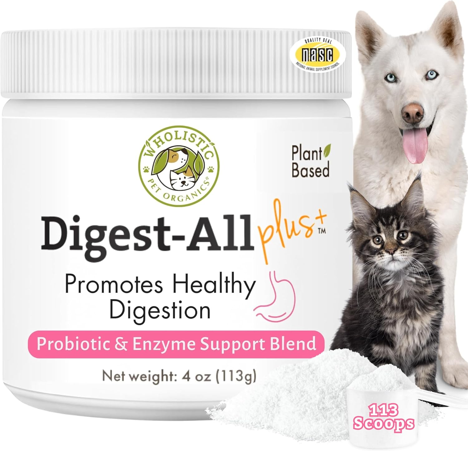 Wholistic Pet Organics Daily Probiotics for Dogs & Cats – Digestive Health Support with Prebiotics & Enzymes – 113 g Powder