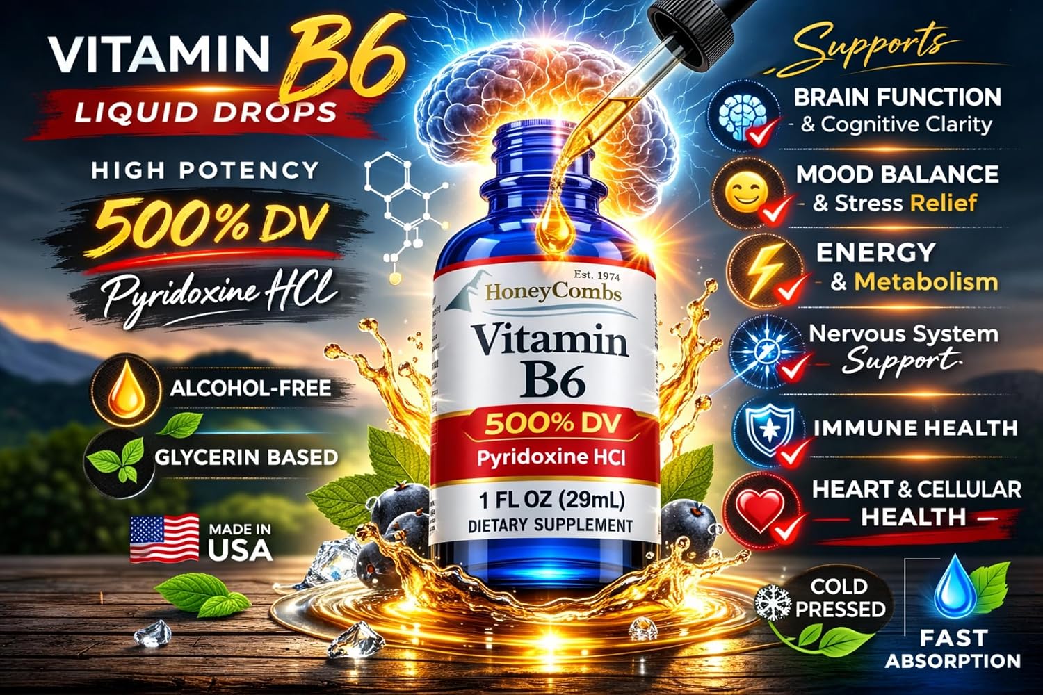 Vitamin B6 Liquid Drops, Pyridoxine HCl Supplement, 30 mL | High Potency Energy Metabolism Support