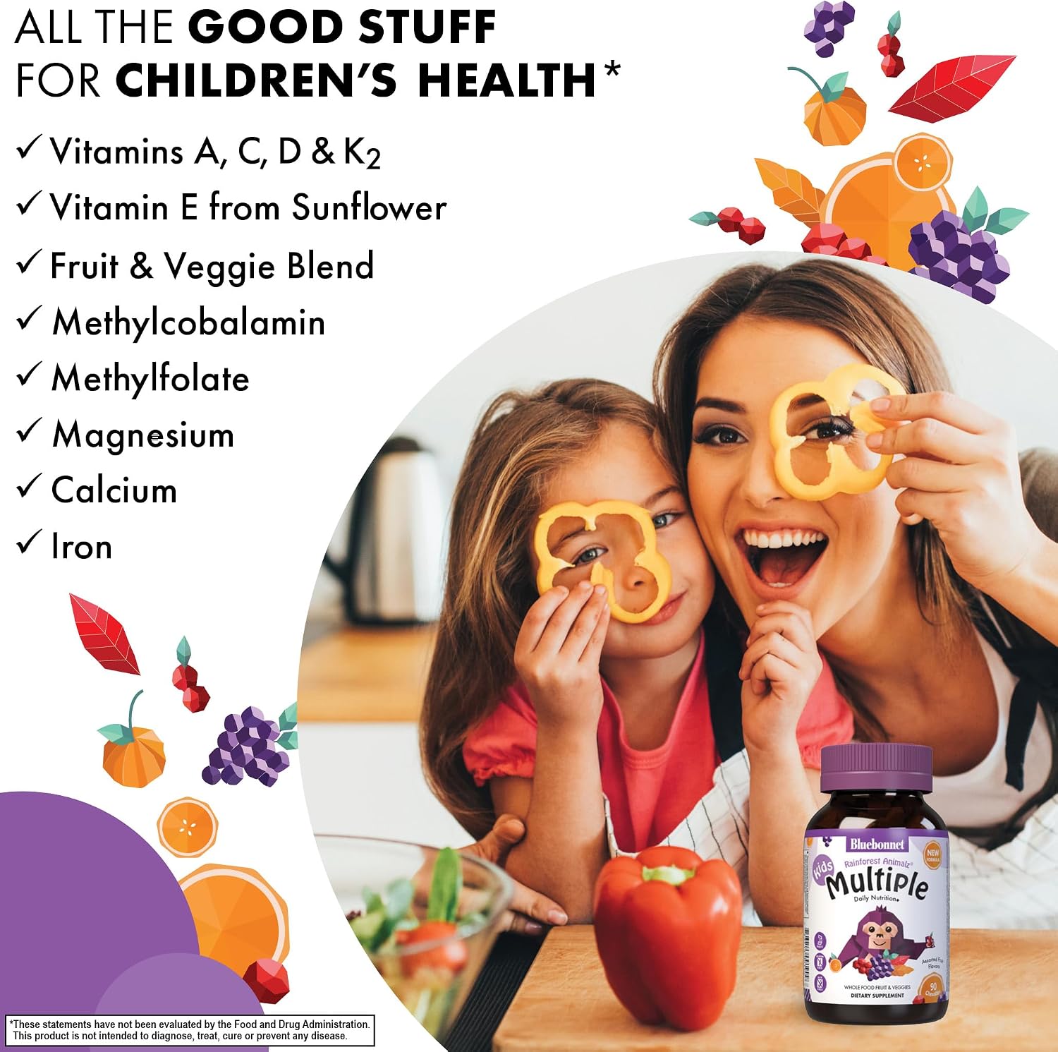 Bluebonnet Nutrition Rainforest Animalz Whole Food Based Children's Multivitamin Chewable Tablet, with Vitamin C, D3, Iron, Gluten-Free, Dairy-Free, Kosher, 180 Chewable Tablets, Mixed Flavour