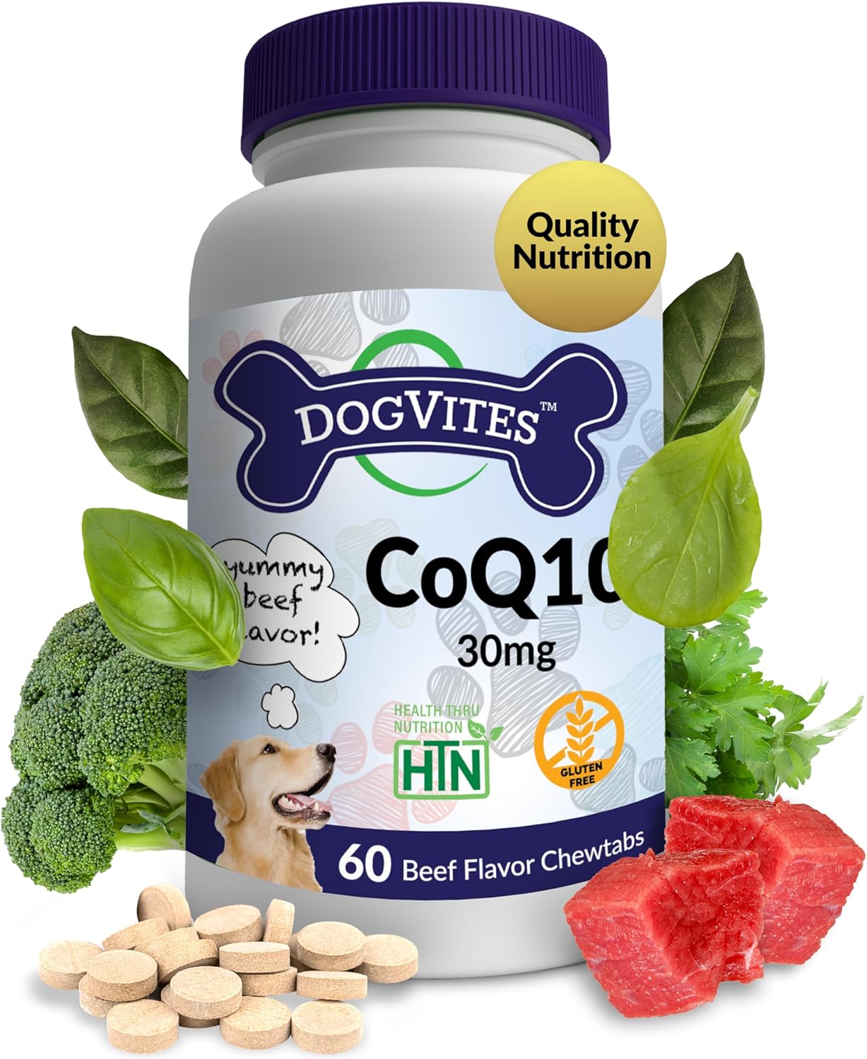 Health Thru Nutrition Dog-Vites CoQ10 for Dogs – Beef-Flavoured Chewable Tablets, 30mg, 60 Count