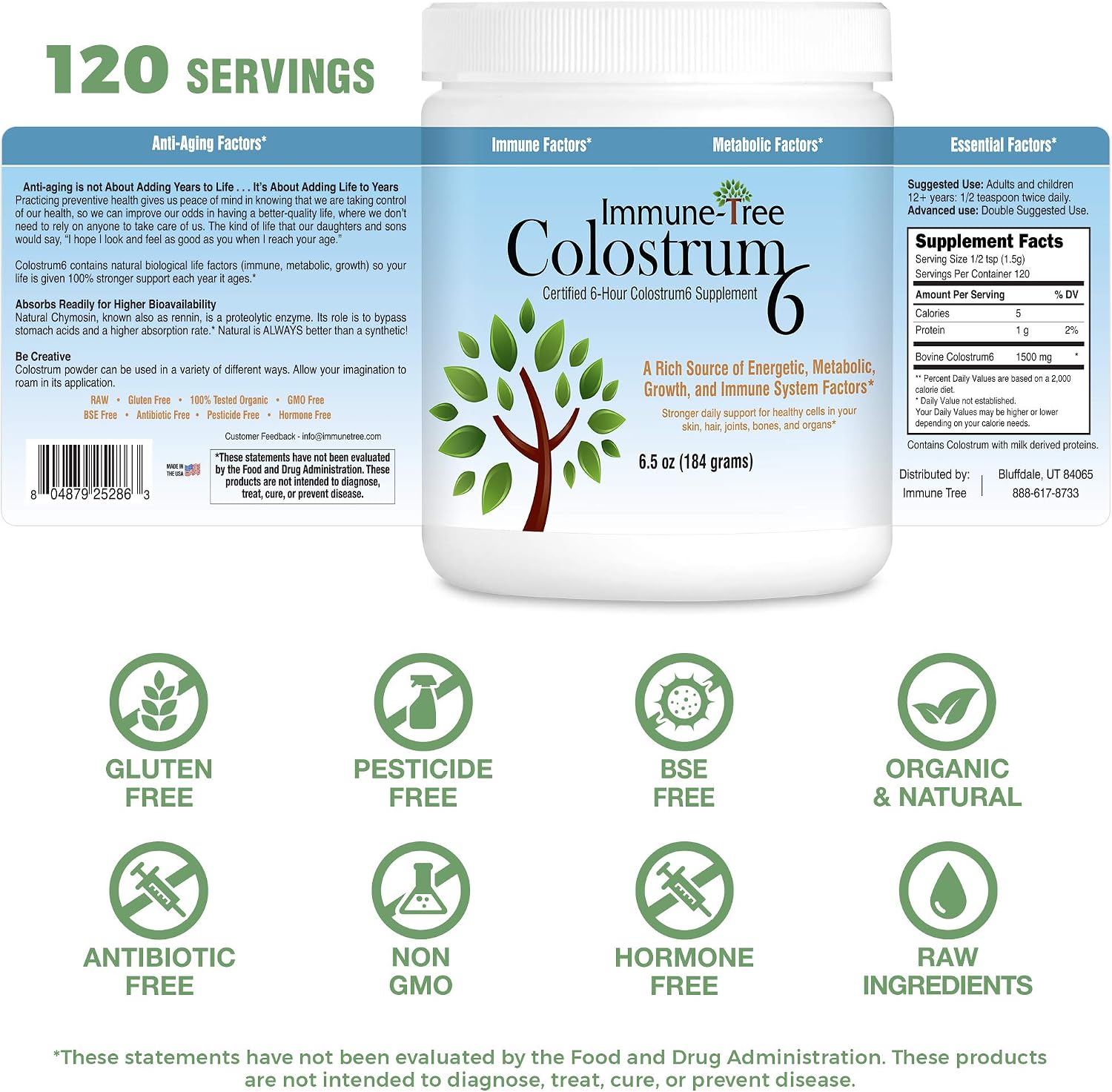Immune-Tree 100% Bovine Colostrum Powder, 120 Servings, 184 g