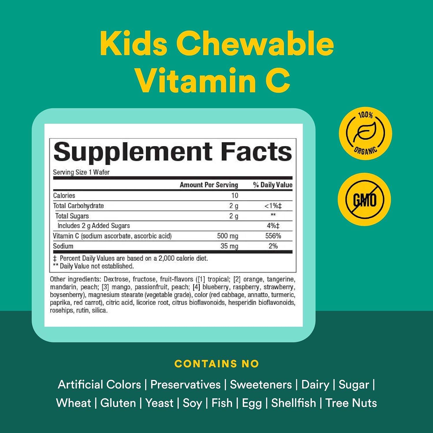 Natural Factors Kids Chewable Vitamin C 500 mg – Supports Immune Function, Bones, Teeth & Gums – Tropical – 180 Wafers
