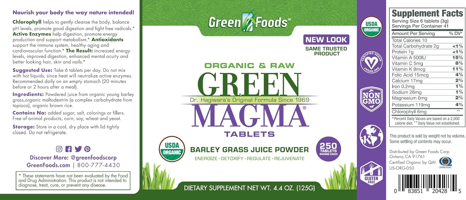 Green Foods Original Green Magma Barley Grass Nutritional Supplement – 250 Tablets (500 mg Each), Certified Organic