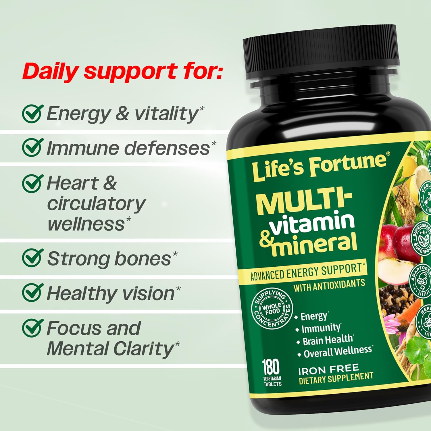 Life's Fortune Whole Food Multivitamin & Mineral Supplement – Energy, Immune & Brain Support – Iron-Free, 180 Vegetarian Tablets