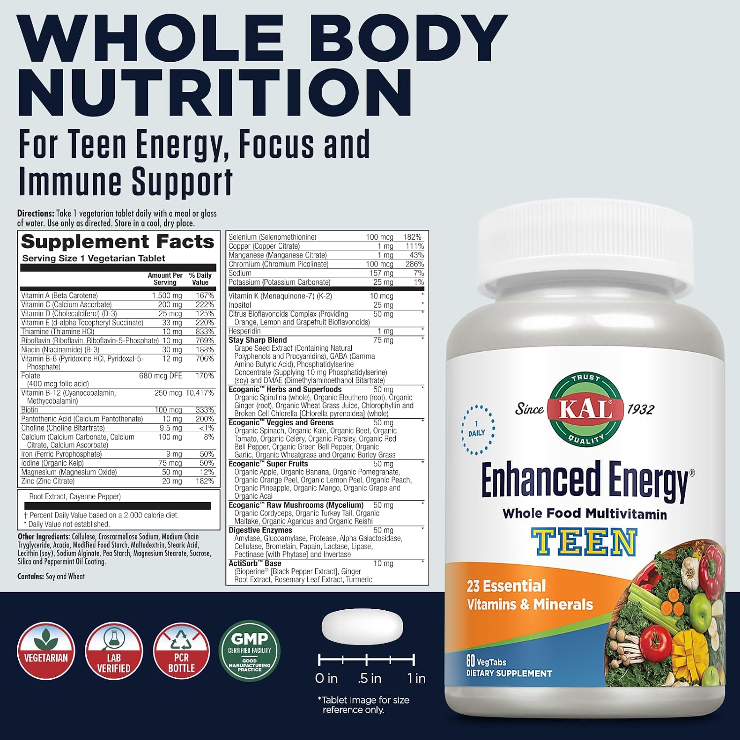 KAL Teens Enhanced Energy Multivitamin – Once Daily Whole Food with Iron – 60 Tablets